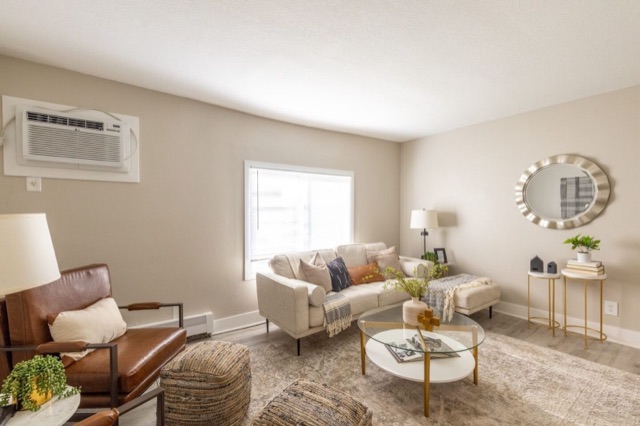 Living room of a renovated apartment at The Jefferson